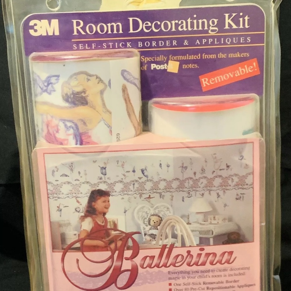 VTG New 3M Room Decorating Kit Ballerina Self-stick Border & Appliques Pink Blue